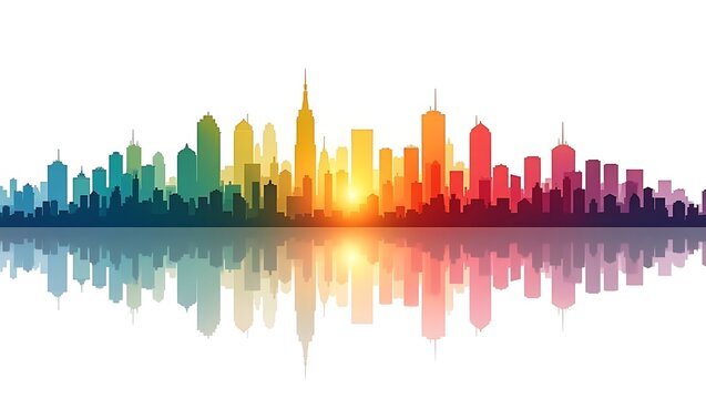 Vibrant rainbow cityscape silhouette reflecting in water at sunset