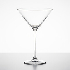 A sleek, empty martini glass, its elegant stem and classic conical bowl in sharp focus, meticulously isolated on a pure white background with a clean clipping path copy