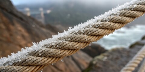 Frost glistens on rugged rope overlooking a misty cliffside in the early morning light Generative AI