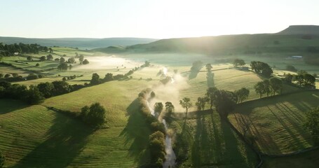 Aerial shot of misty countryside in north Yorkshire