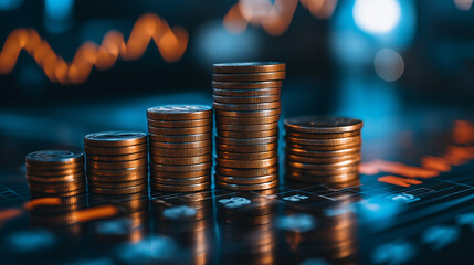 Growing stacks of coins show financial success and investment growth on a digital trading chart