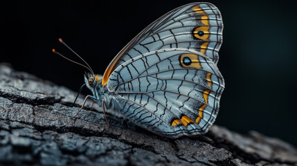 Stunning macro detail of a blue and yellow butterfly resting on textured bark, capturing nature's intricate beauty.