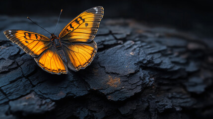 Vibrant orange butterfly rests on textured dark bark, showcasing delicate wings and nature's contrast.