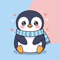 Adorable baby penguin cartoon character wearing a warm winter scarf, sitting cutely with a happy expression