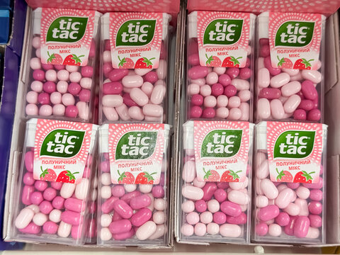 Tic Tac Strawberry Mix Candies in Pink Packaging Displayed on Store Shelf, Dnipro, Ukraine - June 23, 2025