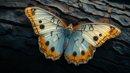 Stunning butterfly with intricate wing patterns rests gracefully on textured dark bark