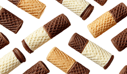 Stacked waffle cookies in brown and light beige, overlapping on a black background