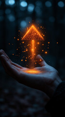 Nurturing brilliant ideas from concept to success, a luminous arrow of progress emerges from open hands.