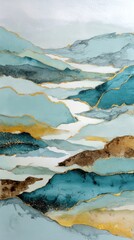 Abstract Teal Gold Beige Watercolor Mountains Landscape