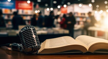 Vintage microphone on a book at a literary event