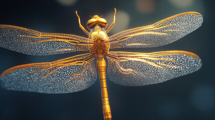 Stunning golden dragonfly with intricate translucent wings shimmering with dew drops, a symbol of transformation.