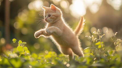 Adorable ginger kitten leaps playfully through sun-drenched green foliage with soft bokeh