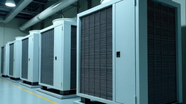 Row of air conditioning units installed in a building, typical urban scene