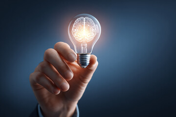 Blue gradient background. Hand holds glowing brain lightbulb. Presents idea generation, innovation, creative concepts, branding, posters.