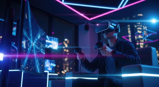 VR gamer engrossed in a futuristic game room