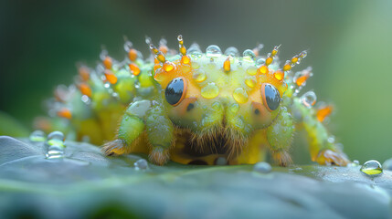 Captivating macro view of a vibrant green caterpillar covered in glistening dew drops on a leaf