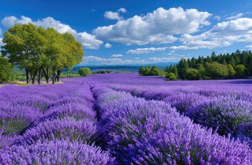 Lavender fields in France, a beautiful blue sky with white clouds, a sea of lavender flowers, trees on the horizon