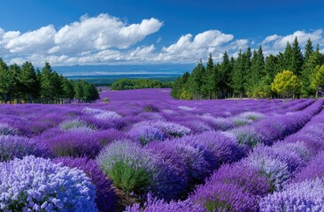 Lavender field with blue sky and clouds in summer, France, a purple flower meadow panorama.