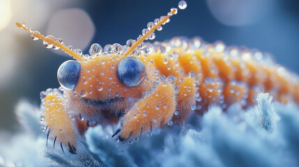 Tiny orange fuzzy creature glistening with dew drops, macro view, delicate nature.