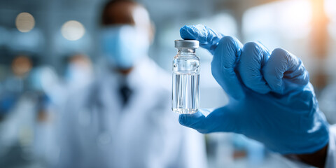 Blue gloved hand holds clear vaccine vial with blurred light. Use for medical, science, or healthcare branding, posters, or website headers.