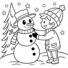 Cute boy are making a snowman cartoon coloring page. Christmas and Winter Illustration