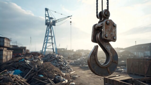 Heavy duty crane hook suspended above industrial scrap yard with tower crane