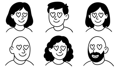 Set of happy doodle faces with love emotions and heart eyes in black and white style