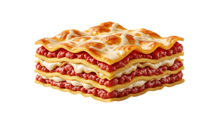Delicious homemade lasagna isolated on transparent background, featuring layers of pasta, meat sauce, and cheese, a classic italian dish perfect for a comforting meal
