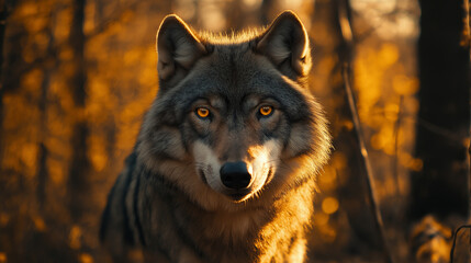 Intense wolf portrait glowing with amber eyes in warm, sunlit forest setting