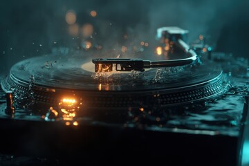 Abstract Turntable with Water Splashes and Glowing Lights