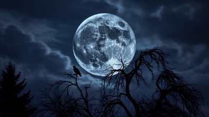 Eerie full moon over spooky silhouetted trees and a raven