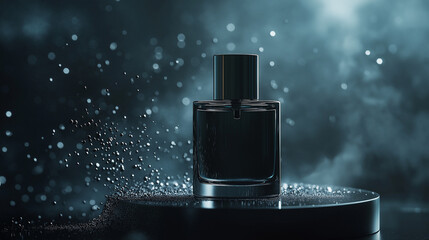 Elegant dark perfume bottle with cascading water droplets and bokeh lights