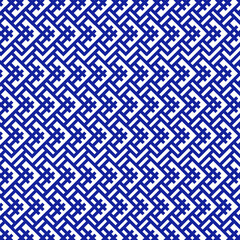 set of seamless geometric patterns, classic motif, interlocking form of the manji, swastika symbol, blocky shapes, overall effect, Sayagata motif, interlocking lines, unbroken line, deep blue color, 