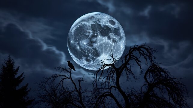 Eerie full moon over spooky silhouetted trees and a raven