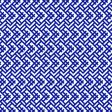 set of seamless geometric patterns, classic motif, interlocking form of the manji, swastika symbol, blocky shapes, overall effect, Sayagata motif, interlocking lines, unbroken line, deep blue color, 