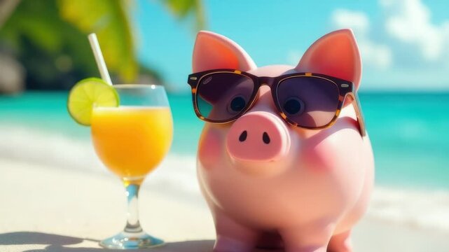 A piggy bank sitting on a beach, wearing sunglasses and holding a drink
