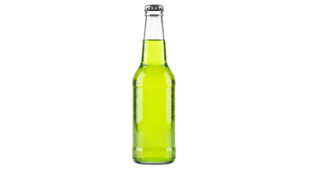 A refreshing green soda bottle isolated on transparent background, perfect for summer promotions, bar menus, or showcasing a new beverage product with its vibrant color and crisp design