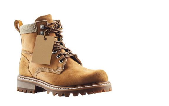 Winter boots with discount tag hanging closely showcasing seasonal fashion and promotional sale opportunity isolated on transparent background PNG