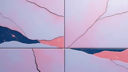 Abstract painting with soft pink and blue curves and dotted lines creating a serene composition.