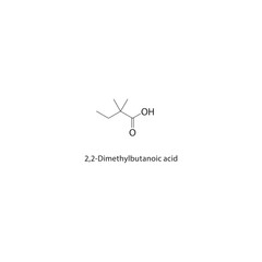 2,2-Dimethylbutanoic acid skeletal structure. Butanoic Acid compound schematic illustration. Simple diagram, chemical formula.