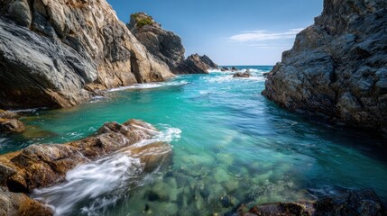 Abstract View of Turquoise Water Flowing Between Jagged Rocks in a Peaceful Coastal Landscape