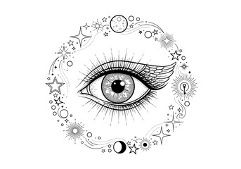 Decorative eye design surrounded by celestial elements and stars for artistic purposes, monochrome black and white, copy space
