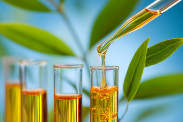 Gold liquid pours into test tube with soft lighting. Features organic elements. Suitable for product photography, skincare branding, or educational posters.
