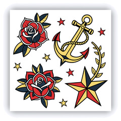 The image you’ve uploaded is a vibrant collection of vintage tattoo flash designs, featuring traditional American tattoo motifs such as roses, hearts, daggers, wings, keys, and banners with words like