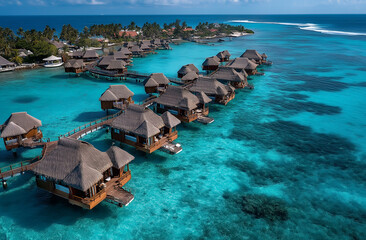 Aerial view of luxury overwater tropical bungalows above crystal clear turquoise ocean lagoon resort paradise