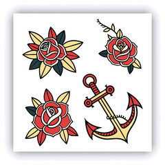 The image you’ve uploaded is a vibrant collection of vintage tattoo flash designs, featuring traditional American tattoo motifs such as roses, hearts, daggers, wings, keys, and banners with words like