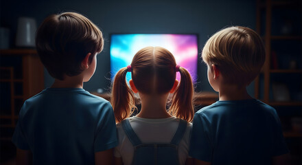 A small group of young children, appearing captivated and focused, sit in a dark room watching a television screen glowing with colorful light