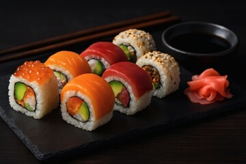 A close-up shot of assorted sushi rolls served on a black slate plate, featuring vibrant toppings of salmon, tuna, avocado, and ikura. Accompanied by chopsticks, soy sauce.