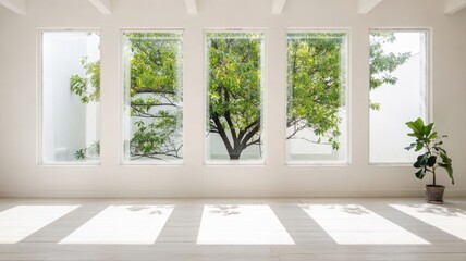 Fototapeta premium Bright room with large windows and lush greenery view