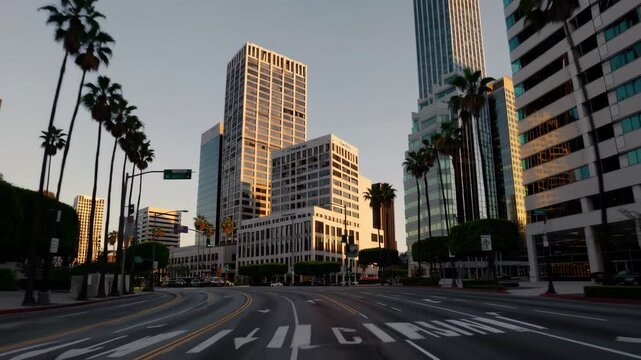 Los Angeles &ndash; Westside Business District at Golden Hour with Palms and Office Buildings along Empty Street